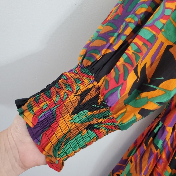 House OF HARLOW 1960 Meadow Print Ballon Sleeve Smoked Waist Midi Dress sz Large - Picture 9 of 15